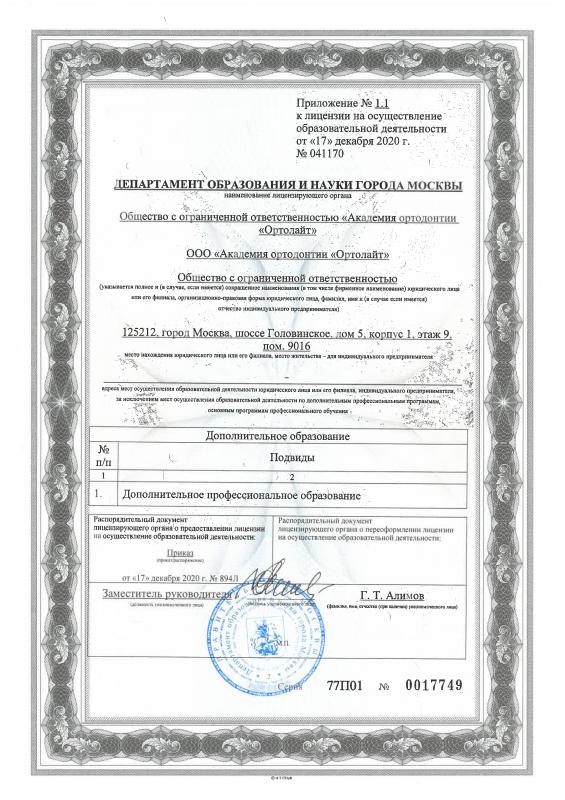 Приложение к лицензии на образовательную деятельность №041170 от 17.12.2020